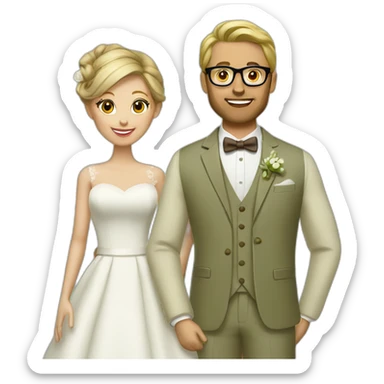 Wedding couple. She has a brown chignon and he has a light olive green suit with a brown vest. He wears glasses and is blond. sticker