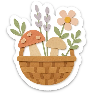 basket full of forest goodies including mushrooms, herbs, flowers in soft pastel colors, paper-craft style sticker
