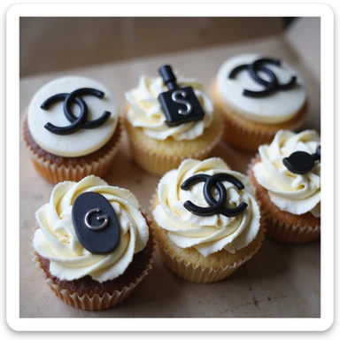 photorealistic Chanel-themed cupcake set, each with a different edible logo or accessory, no background sticker