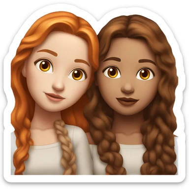 serene two white girls. one has mid length dark brown hair and the other has long orange hair. standing together and kissing in gentle light. calm and content. hyper-realistic soft textures fine details glow on skin sticker