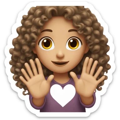 A girl with curly hair and white skin making a heart with her hands sticker