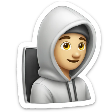 White young Adult Developer with a hood behind his computer sticker