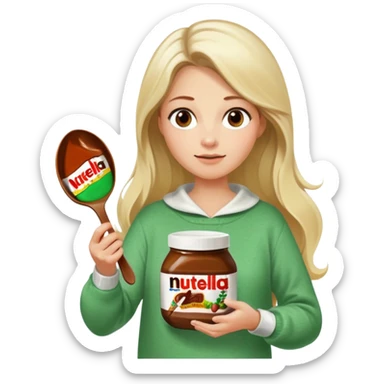 Blond woman with white and green pullover holds in one hand a big carriage of Nutella and in the other hand a oversized spoon which is in the carriage of Nutella. Her hair is long. And the Nutella jar is very big sticker