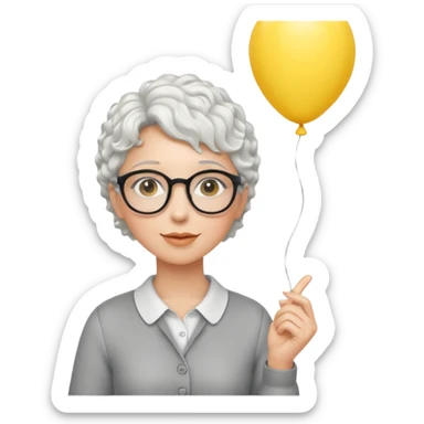 woman with short curly white hair and wearing glasses, holding yellow balloon sticker
