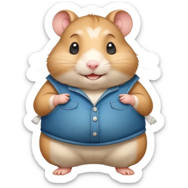 Cute chubby cartoon-style hamster wearing XXL pants that are WAY too big, proud and smiling expression. Painterly shading, white background, sticker-style illustration sticker