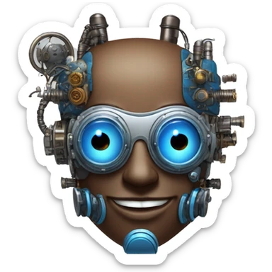 Brown cyborg head with blue Mohawk, blue beard, silver steampunk monocle goggles a smile and circuits sticker