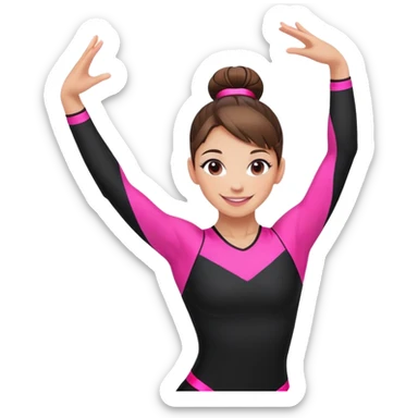Happy female gymnast with brown hair in a neat bun, wearing a black uniform with neon pink elements. sticker