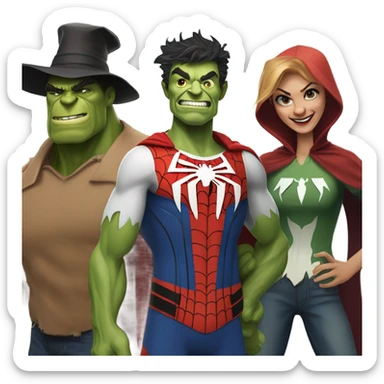 Spider-Man, the Hulk scarecrow and the wicked witch together as a family sticker