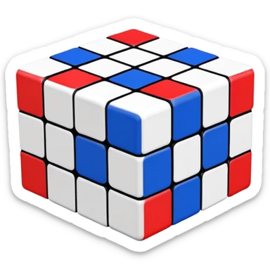 A scrambled 3x3 Rubik's Cube with only red, white, and blue colors, minimalist iOS emoji style, viewed from an angle sticker
