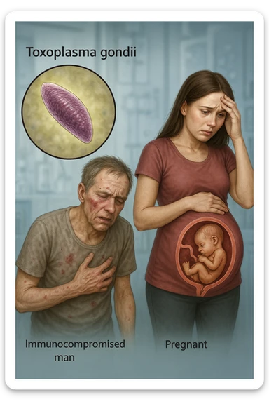 Toxoplasma gondii, infetta uomo immunodepresso e donne incinta. Causando gravi problemi tutto scritto in italiano immagine realistica sticker