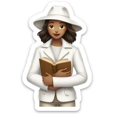 brunette girl in a white jacket in a white hat hugs a book sticker