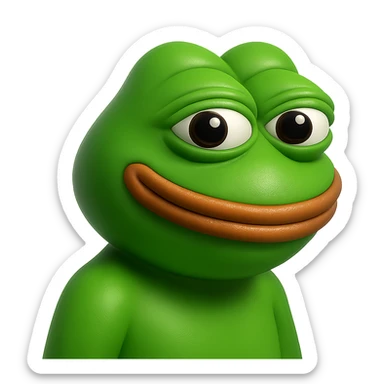 pepe in
- 3d style
- bright green
- smiling
- looking straight at the camera
- good highlights and shadows
- 30deg angled towards the left sticker