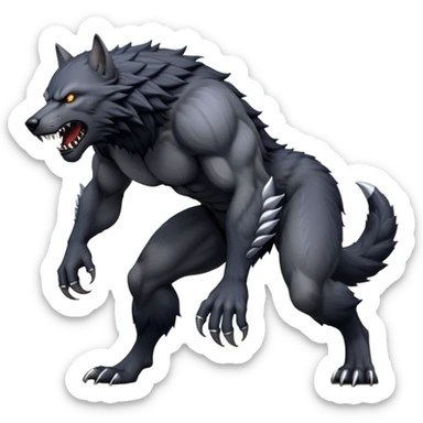 cinematic-noble-fierce-werewolf-full body on all fours-emoji, poised-and-imposing, with a tall, lean, and muscular wolfish frame inspired by the brutal, imposing shape of the beast from Berserk, fur rippling in shades of midnight black and silver, massive paws with razor-sharp claws, elongated limbs and fangs, eyes glowing with an intense, primal ferocity, reflecting the untamed power of the wild moonlit night; rendered with realism sticker