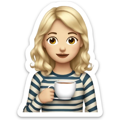 Blond girl with bangs and wavy hair, in her 20s striped shirt sipping tea sticker