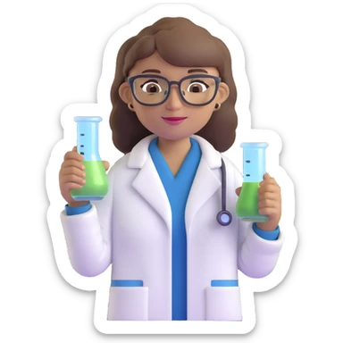 middle-aged science teacher, light brown hair in ponytail with bangs, brown eyes, wearing a lab coat and glasses, holding a beaker sticker