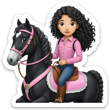 Realistic mixed race girl with long curly hair, riding a big black and white draft horse, wearing pink harness and saddle  sticker