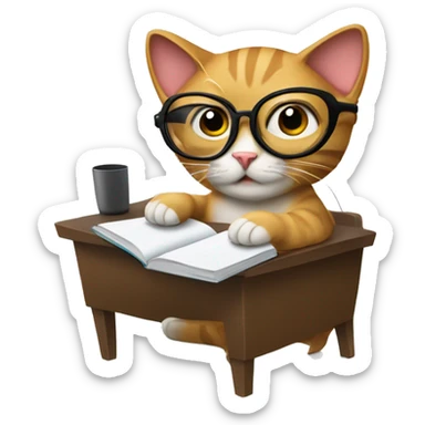 Create an emoji of a cat with computer glasses, taking notes in front of a computer while sitting on a chair sticker