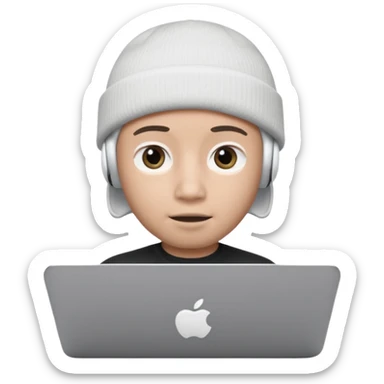 Apple Memoji–style 3D avatar, front-facing, centered.
Young male wearing a dark beanie and white AirPods, behind a silver laptop.
Big expressive eyes, smooth cartoon skin, soft lighting, white background, high quality. sticker