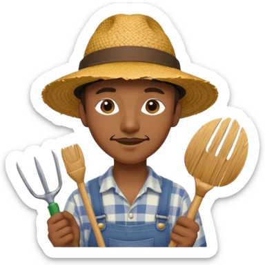 black gardener holding gardening tools, with hat sticker
