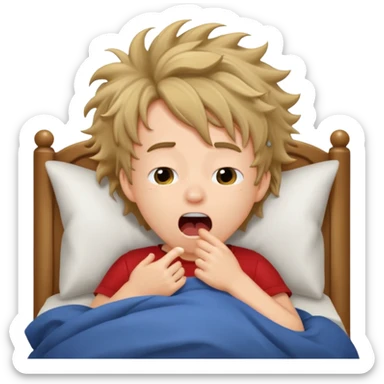 emoji- of a cute boy waking up in bed. He is yawning or rubbing his eyes.  sticker