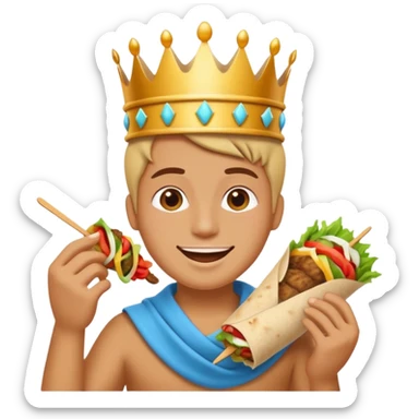cheerful relaxed half-body person with crown eating delicious kebab wrap, simple bright playful emoji style sticker