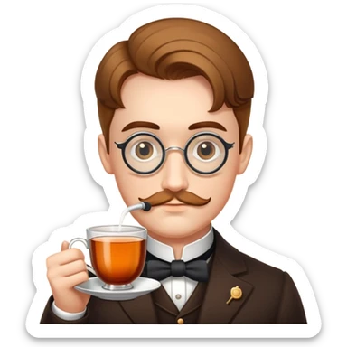 A person with a monacle and a cup of tea sticker