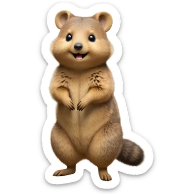 cinematic-quokka-realistic-full-body-standing on its hind legs hunched over-emoji,-small-round-frame-balanced-on-tiny-strong-hind-legs,giant fluffy cheeks large smile-fluffy-brown-fur-radiating-a-warm-softness,-big-round-eyes-filled-with-joy-and-innocence,-tiny-clawed-paws-held-close-to-chest,-cheerful-smile-exuding-endearing-happiness,-simplified-yet-realistic-focused-features,-highly-detailed,-glowing-with-a-sunny-warmth sticker