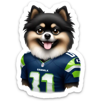 Black and white Pomeranian wearing Seahawks jersey sticker