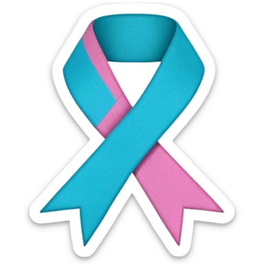 Thyroid cancer ribbon which has a blue strand, a pink strand and teal at the top where the ribbon crossed over sticker