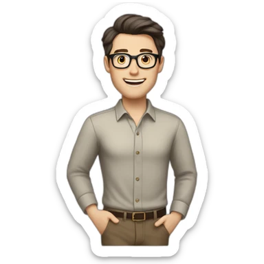 Joyful Full height Pale skinned Fit Man With dark brown hair in gray jacket, beige office shirt, Brown pants and vintage glasses. His thrumbs up sticker