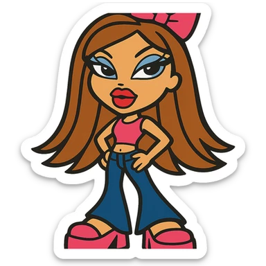 Bratz doll character with brown hair and a pink bow on her hair sticker