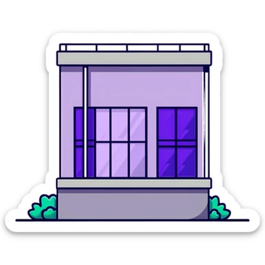 Minimalist gray concrete panel building, slight ghetto vibe, one window with bright purple ultraviolet light for growing plants, simple rectangular shape, stark and bare sticker