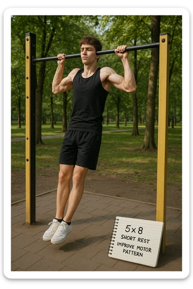 Giovane principiante dello streetlifting in un parco, fisico ancora asciutto, esegue lunghe serie di trazioni senza peso, con tecnica controllata. A terra, un taccuino con scritto '5x8 - riposo breve - migliorare schema motorio'. Espressione concentrata. Luce naturale, atmosfera educativa, senso di costruzione progressiva. sticker