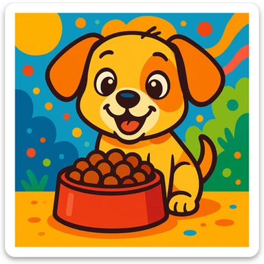 adorable puppy enjoying a bowl of food, vibrant toon style, cartoon style, cute and cheerful sticker