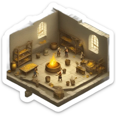 open floor plan of a medieval mint showing different people working, one person on the furnace, some people molding liquid gold into coins sticker