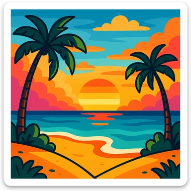 Summer landscape with a beach, palm trees, and a sunset, vibrant and colorful sticker