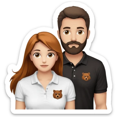Criar Casal - Homem branco de cabelo liso e olhos marrom, com barba, expressão séria usando camiseta polo preta e mulher de pele branca cabelo cacheado marrom longo e olhos mel, usando uma regata branca, quero ela sorrindo sticker