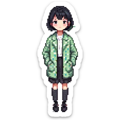 girl with black bob-cut hair, dotted coat, Chinese appearance sticker