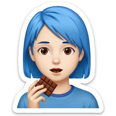 Blue haired person eating chocolate sticker