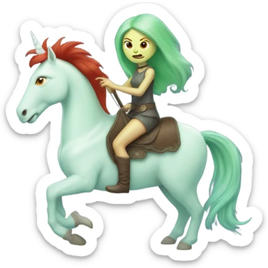 [politically incorrect
	{ woman: alien, color: light green, hair:red, eyes:cat} ]
	on a 
	[{ unicorn: white, legged:four, mane: light blue }] sticker
