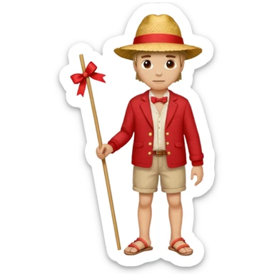 Make a guy with a straw hat and the hat has a red rebin and a red jacket and sandals and a x on he's chest sticker