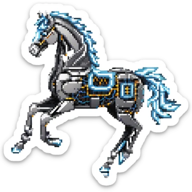 Galloping electric horse made of metal parts with lightning and electricity flowing through its body, dynamic pose sticker