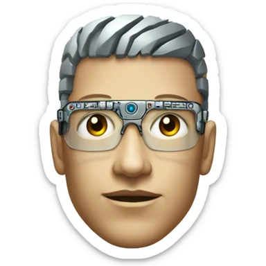 Male cyborg head with metallic skin, flat top, rectangular glasses and circuits sticker