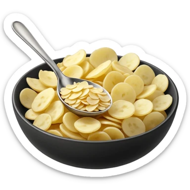 loose scatter of off-white potato flakes, very fine and small, irregular lightweight shapes, slightly translucent dry texture, thin curled edges, uneven sizes, dehydrated instant format, no bowl, spoon, or packaging, just the flakes, soft lighting, subtle shadows, emoji scale sticker