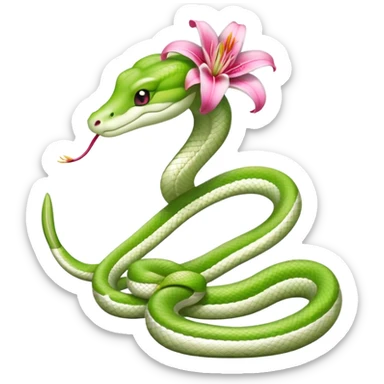 A cute light green and white snake with a pink lily flower on its head. sticker