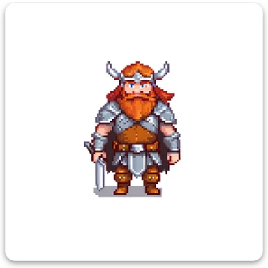 pixel art ginger viking with red beard and armor, running animation frame 3, legs crossing sticker