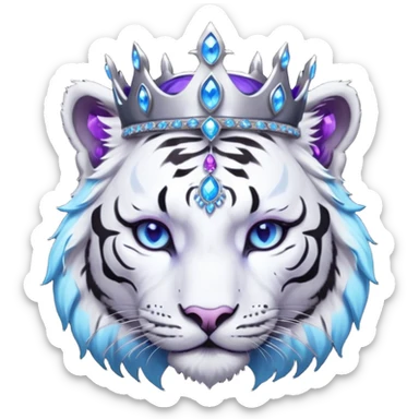 ESO Female white/black tiger khajiit leader of the umbral rose, glowing blue eyes, glowing blue 'third eye' gem; silver crown/tiara with purple gems  sticker