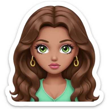  long wavy brown hair, mid skin, light green eyes, pretty bratz baddie, black eyeliner, blush sticker
