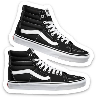 Two black Vans Sk8-Hi high top sneakers positioned in a staggered arrangement with one behind the other, classic black with white sidewall stripe, white laces and rubber toe cap sticker