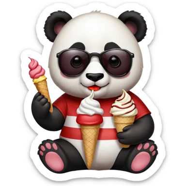Panda with sunglasses that eat an ice cream with a stripe red and white t-shirt sticker